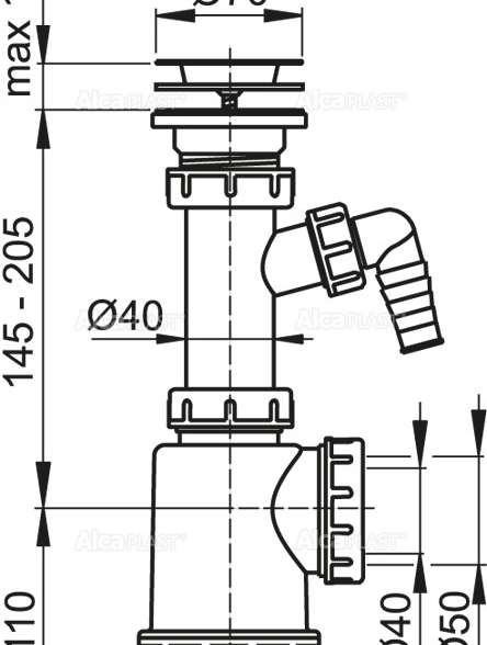Сифон в/м ALCAPLAST A441P 1 1/2"х50/40 с/отв нерж.реш 70мм-image-1