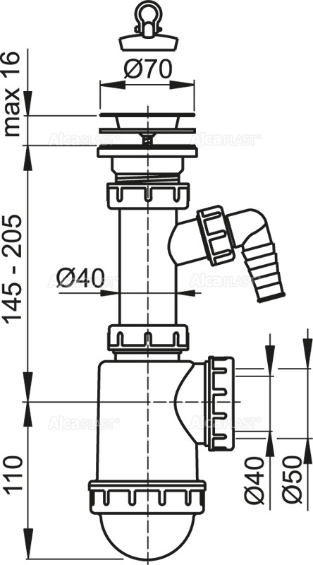 Сифон в/м ALCAPLAST A441P 1 1/2"х50/40 с/отв нерж.реш 70мм-image-1