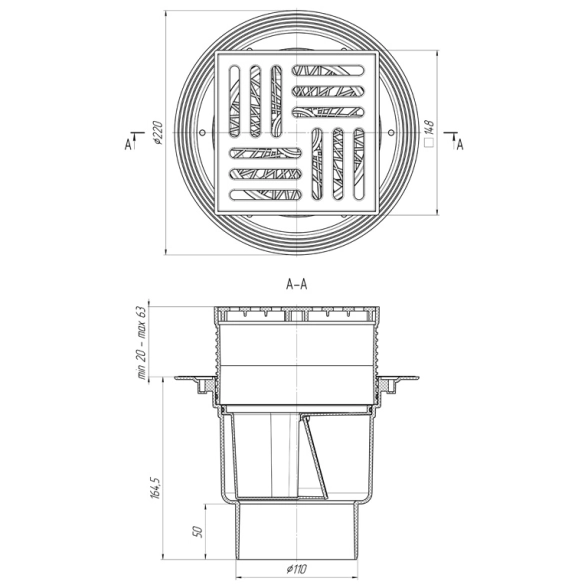 Трап Ани пласт 110 вертикальный 150x150 TQ1710 сухой затвор, регулируемый, решетка пластиковая-image-2