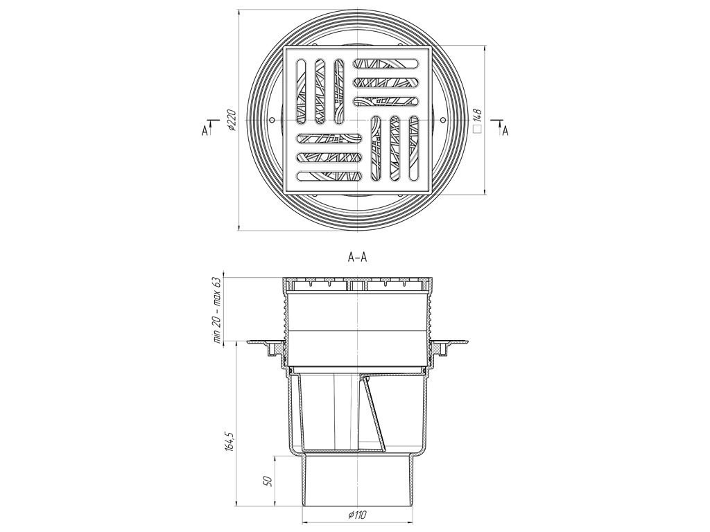 Трап Ани пласт 110 вертикальный 150x150 TQ1710 сухой затвор, регулируемый, решетка пластиковая-image-2