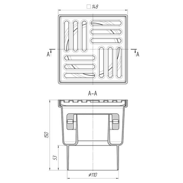 Трап Ани пласт 110 вертикальный 150x150 TQ1212 сухой затвор, нерегулируемый, решетка нержавеющая-image-2