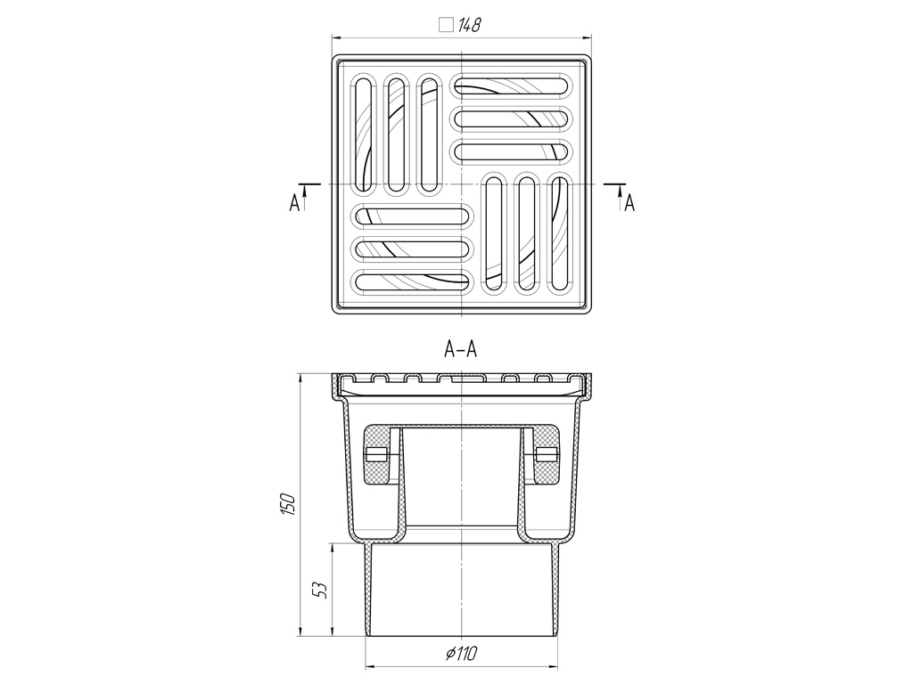 Трап Ани пласт 110 вертикальный 150x150 TQ1212 сухой затвор, нерегулируемый, решетка нержавеющая-image-2