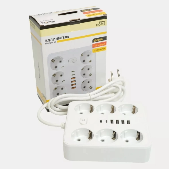Удлинитель STEKKER Home 6м с/з 1,8м HM09-66-02 белый