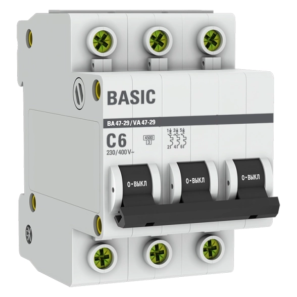 Автоматический выключатель EKF Basic BA47-29 3P 06A(C) 4,5kA