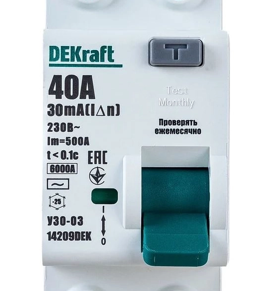 Выключатель авт.диф. 2P 40A 30мА АС 6кА УЗО-03 DEKraft 14209DE