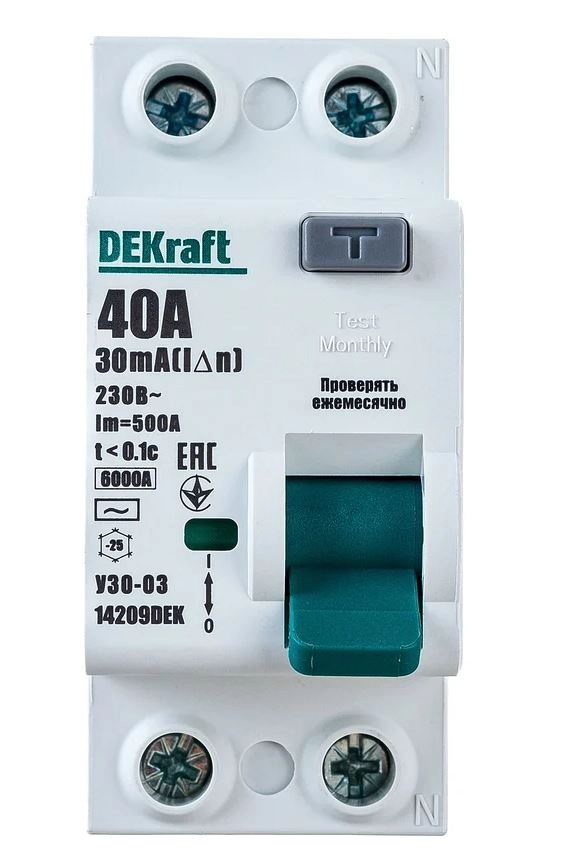 Выключатель авт.диф. 2P 40A 30мА АС 6кА УЗО-03 DEKraft 14209DE