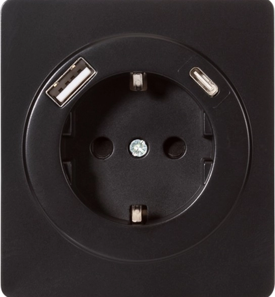 Розетка ROUND 1-я с/з с/у з/шт 16А USB A+C 5B/3A оникс KRANZ