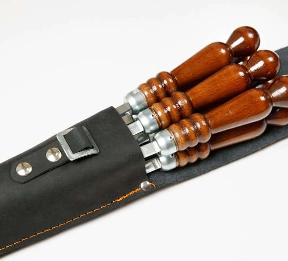 Набор шампуров 680x95 мм деревянная ручка 6 шт. чехол черный натуральная кожа