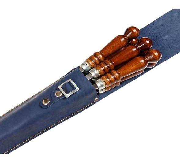 Набор шампуров 680x95 мм деревянная ручка 6 шт. чехол натуральная кожа синий