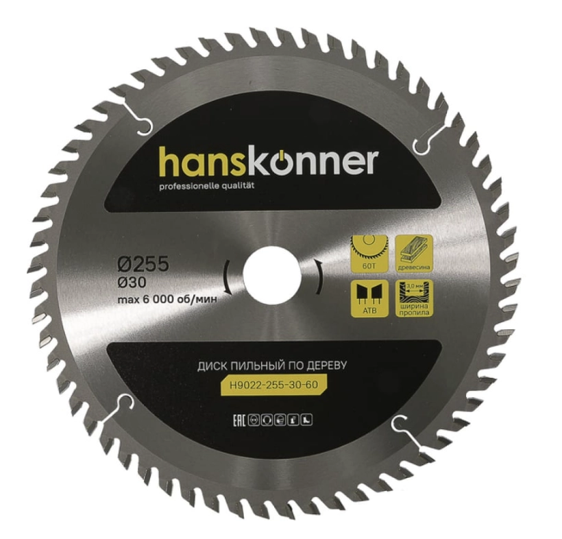 Диск пил. Hanskonner H9022-255-30-60 255х30мм 60T дерево