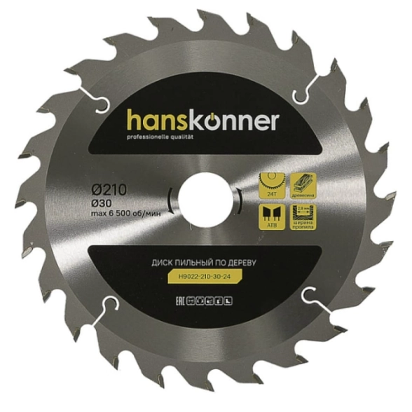 Диск пил. Hanskonner H9022-210-30-24 210х30мм 24T дерево