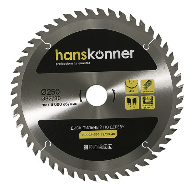 Диск пил. Hanskonner H9022-250-32/30-48 250х32/30мм 48T дерево