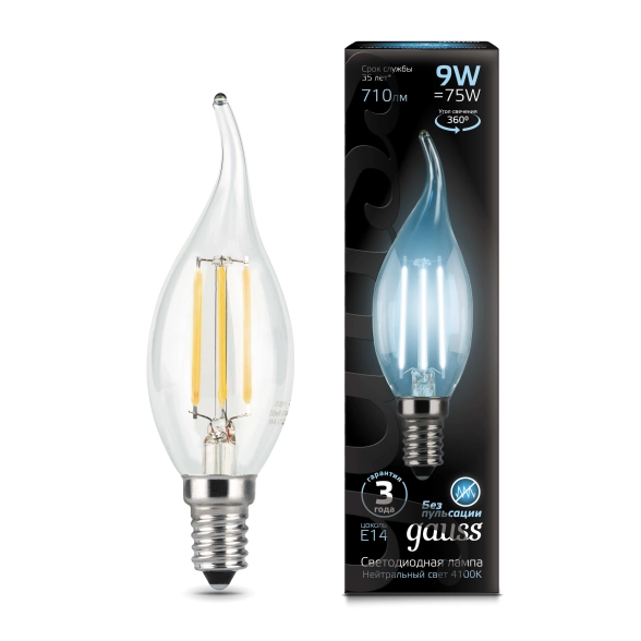 Лампа Gauss LED Filament Свеча на ветру 9W Е14 4100K