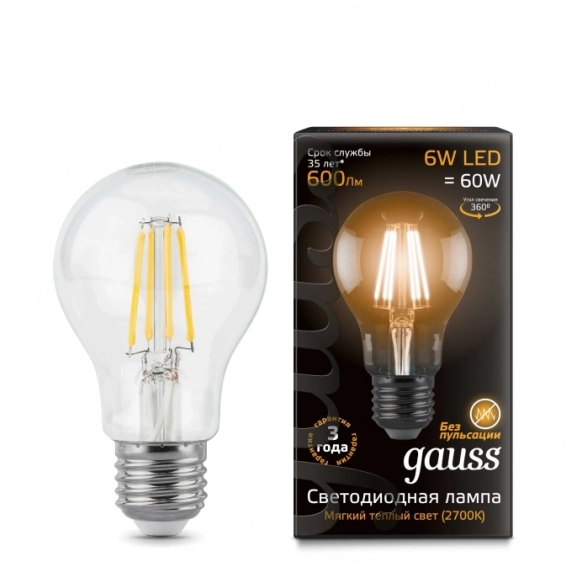 Лампа Gauss LED Filament A60 6W E27 2700K