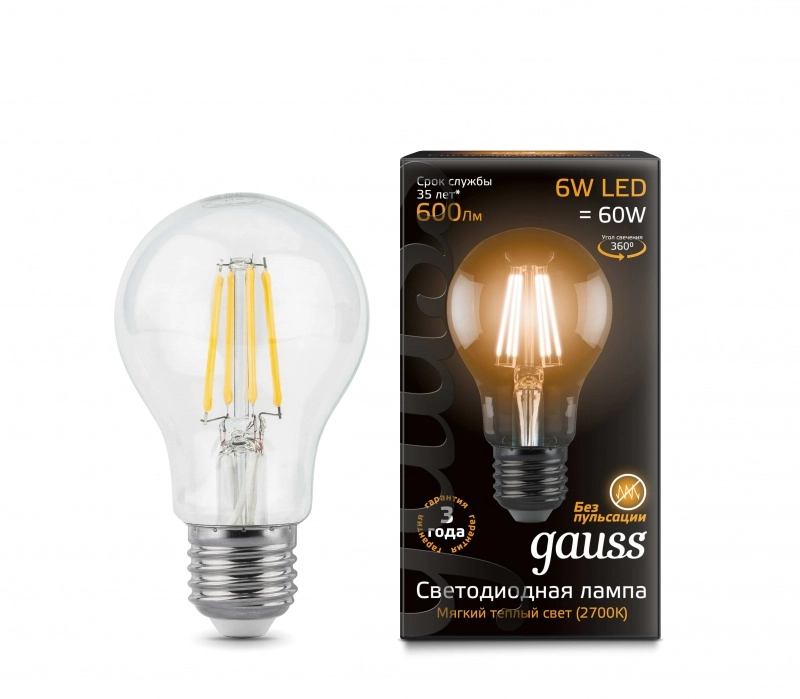 Лампа Gauss LED Filament A60 6W E27 2700K