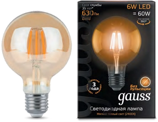 Лампа Gauss LED Filament G95 6W E27 2400K