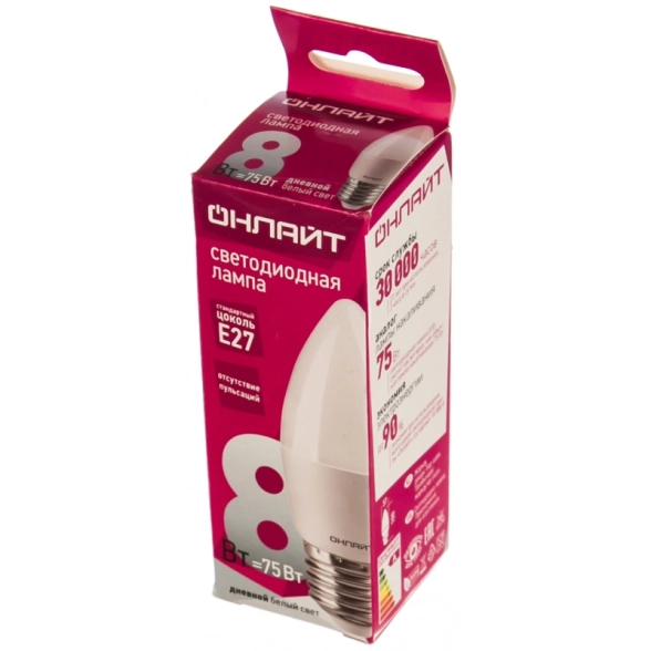Лампа ОНЛАЙТ LED OLL-C37-8-230-6.5K-E27-FR свеча