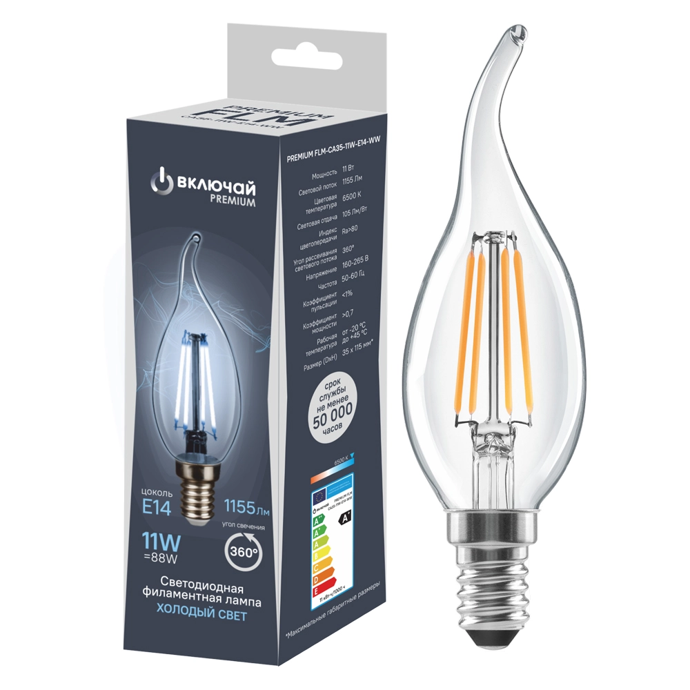 Лампа Включай LED PREMIUM FLM-CA35-11W-E14-WW свеча н/в