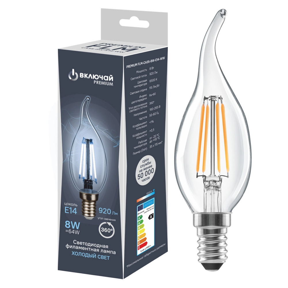 Лампа Включай LED PREMIUM FLM-CA35-8W-E14-WW свеча н/в