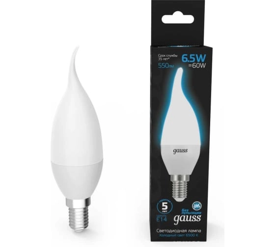 Лампа Gauss LED 6.5W 550lm E14 6500K свеча н/в