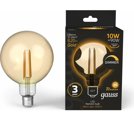 Лампа Gauss Filament LED G125 10W 820lm E27 2400K димм.