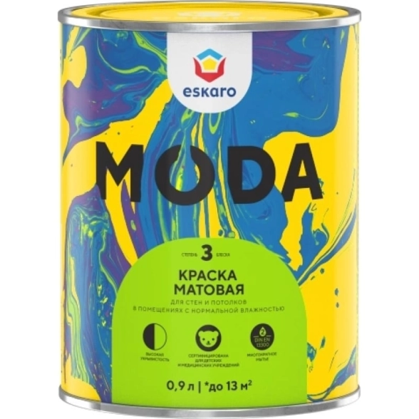 Краска в/д Eskaro MODA 3 моющ.мат. д/стен/потолков TR 0,9л