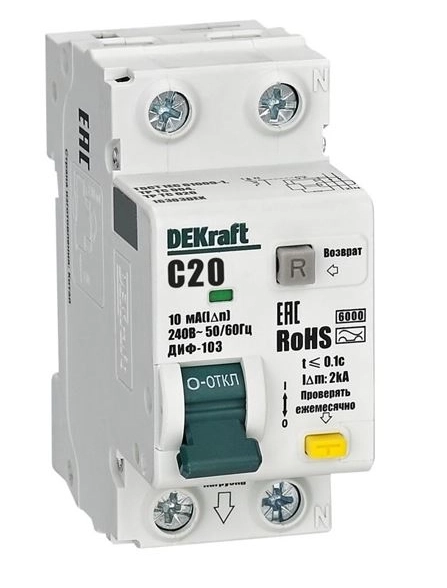 Диф.авт EKF DEKraft 1P+N 20А 10мА АС х.С ДИФ-103 6кА нов.