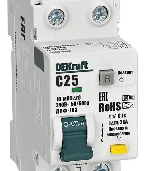 Диф.авт EKF DEKraft 1P+N 25А 10мА АС х.С ДИФ-103 6кА нов.