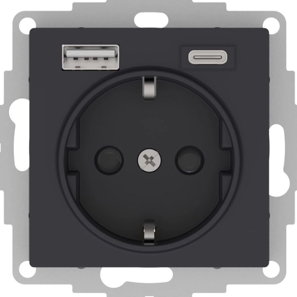 Розетка ATLAS 16А с 2 USB А+С мех КАРБОН