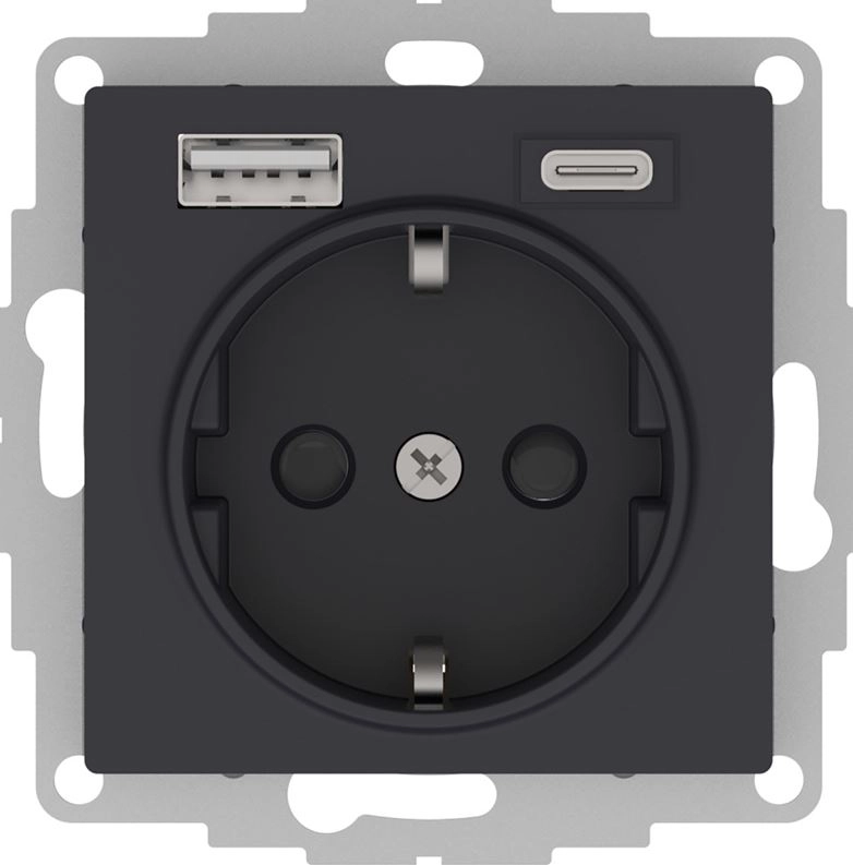 Розетка ATLAS 16А с 2 USB А+С мех КАРБОН