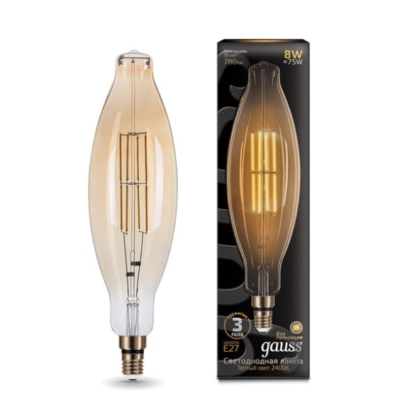 Лампа Gauss LED Filament BT120 6W E27 2400K golden straigh
