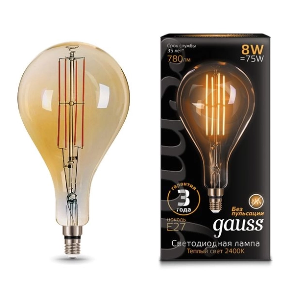 Лампа Gauss LED Filament A160 8W E27 2400K golden straght