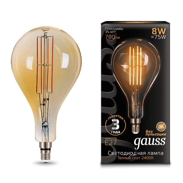Лампа Gauss LED Filament A160 8W E27 2400K golden straght