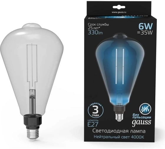 Лампа Gauss Filament LED ST164 6W 330lm E27 4000K gray str.