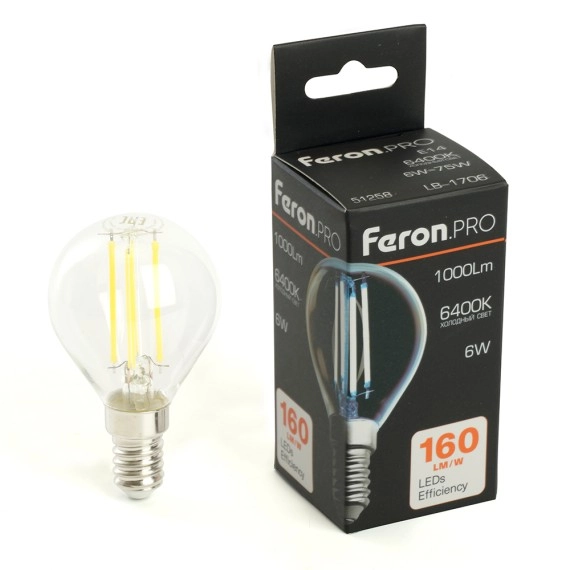 Лампа Feron LB-1706 6W E14 G45 6400K прозрачная