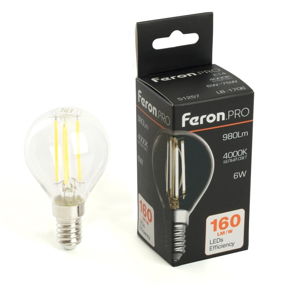 Лампа Feron LB-1706 6W E14 G45 4000K прозрачная