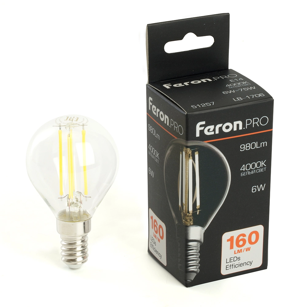 Лампа Feron LB-1706 6W E14 G45 4000K прозрачная