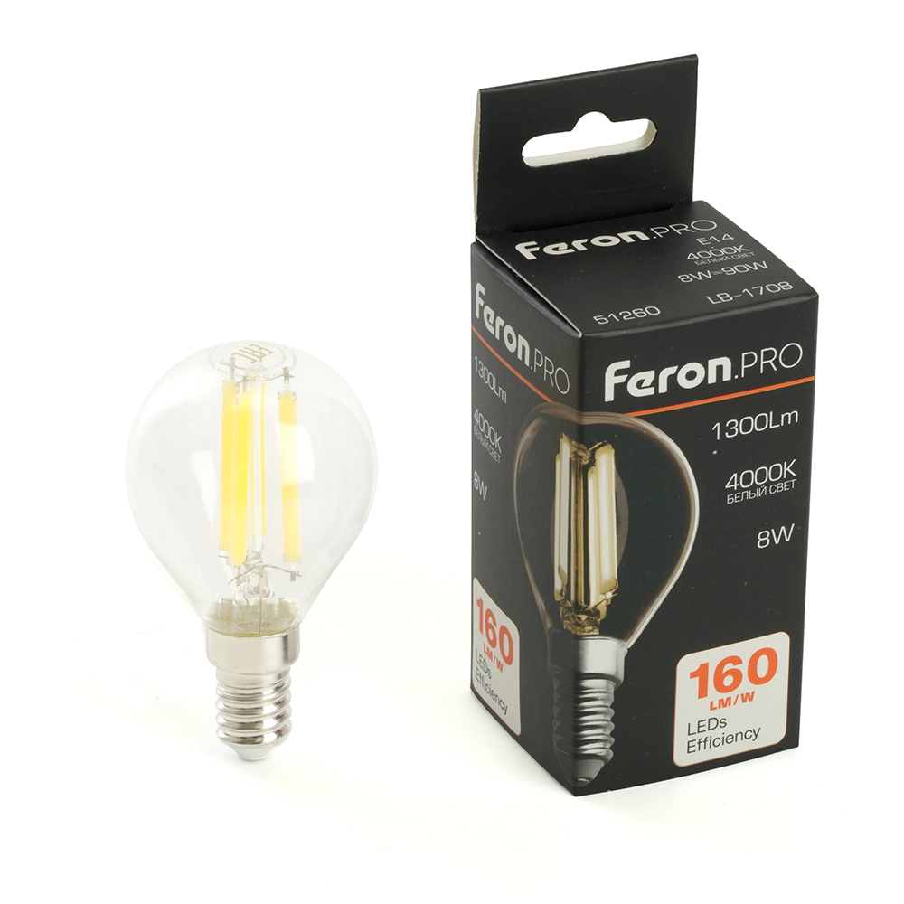 Лампа Feron LB-1708 8W E14 G45 4000K прозрачная