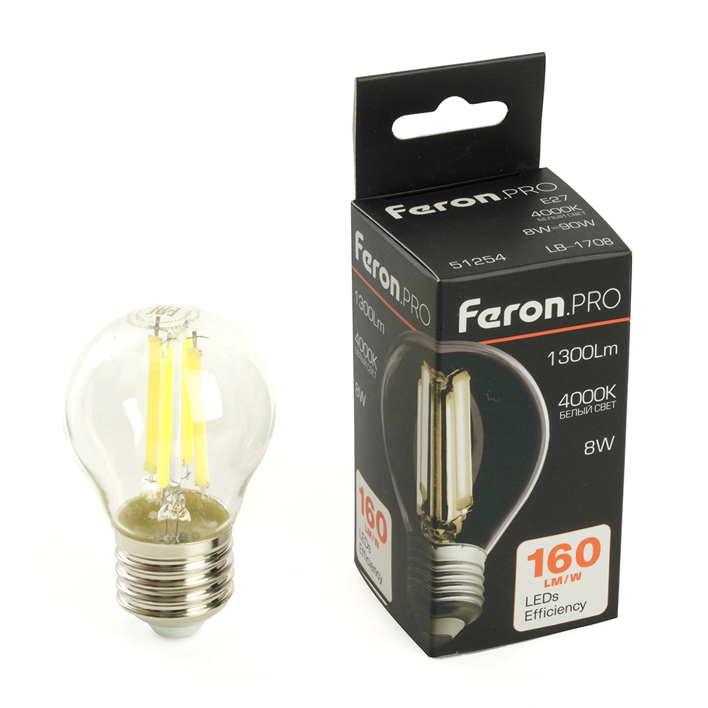 Лампа Feron LB-1708 8W E27 G45 4000K прозрачная