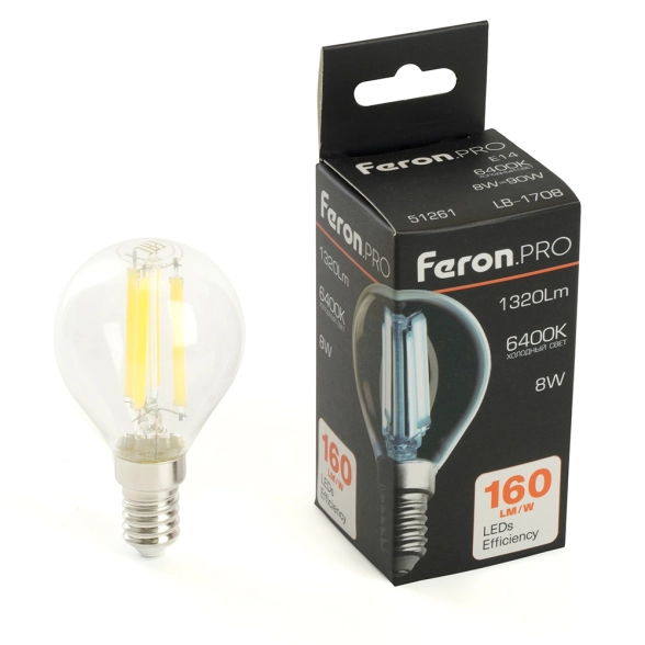 Лампа Feron LB-1708 8W E14 G45 6400K прозрачная