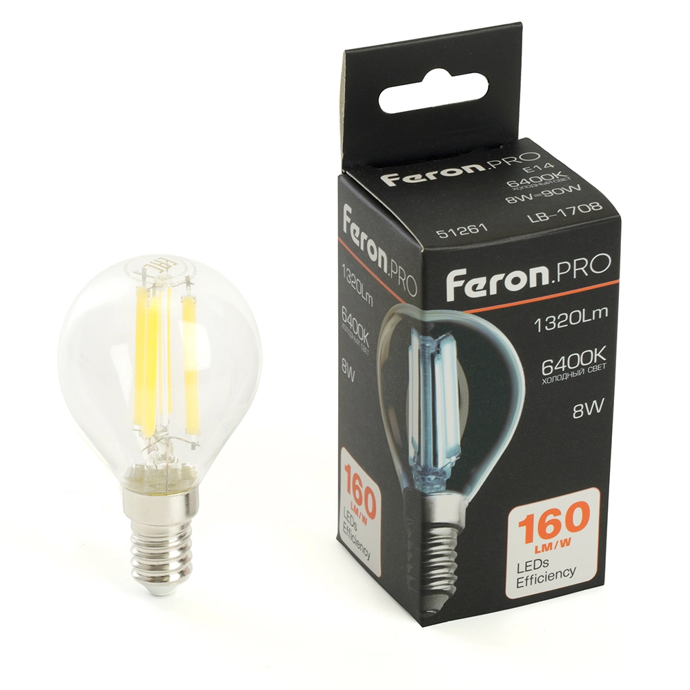 Лампа Feron LB-1708 8W E14 G45 6400K прозрачная