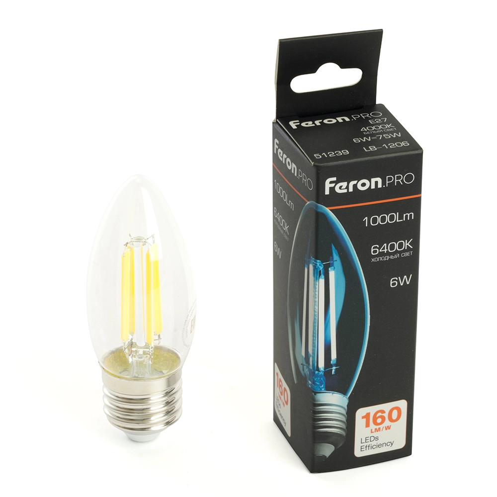 Лампа Feron LB-1206 6W E27 6400K C35 прозрачная