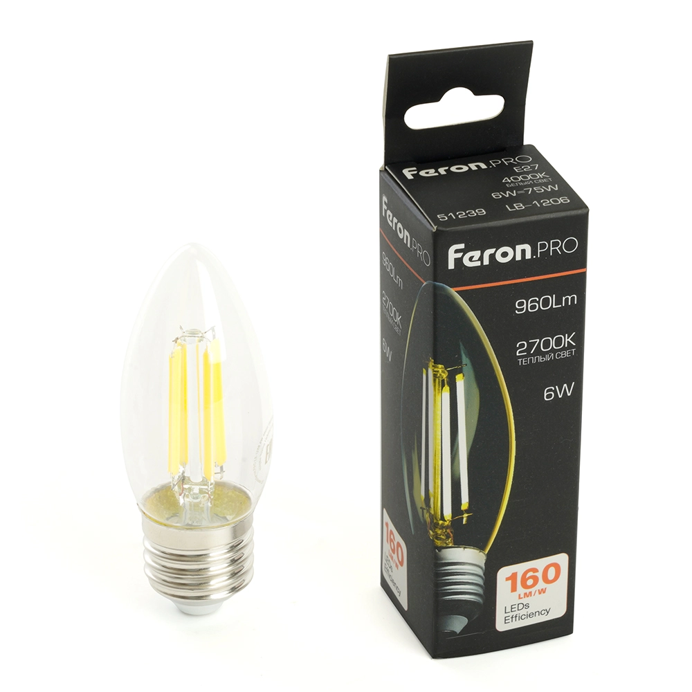 Лампа Feron LB-1206 6W E27 2700K C35 прозрачная