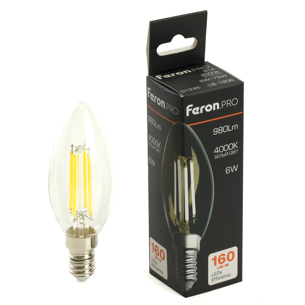 Лампа Feron LB-1206 6W E14 4000K C35 прозрачная