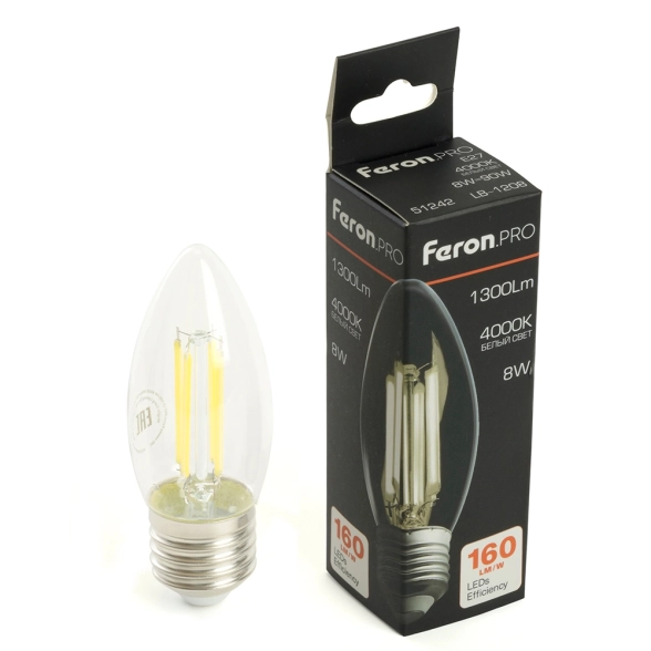 Лампа Feron LB-1208 8W E27 4000K C35 прозрачная