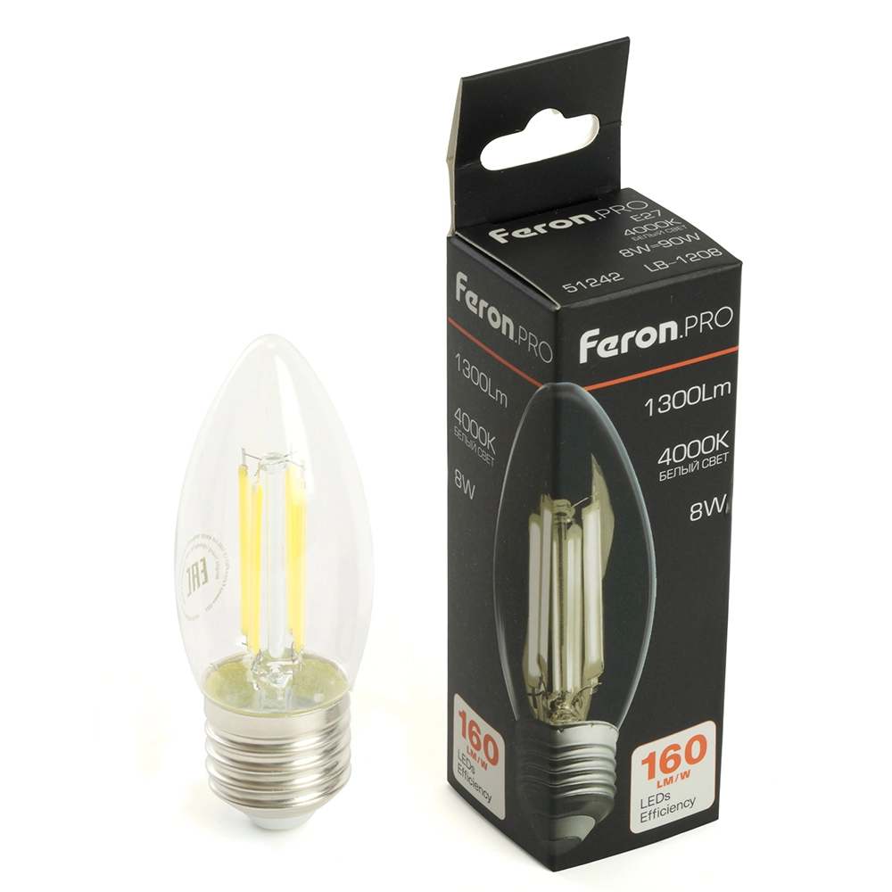 Лампа Feron LB-1208 8W E27 4000K C35 прозрачная