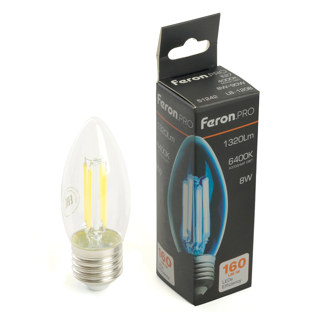 Лампа Feron LB-1208 8W E27 6400K C35 прозрачная