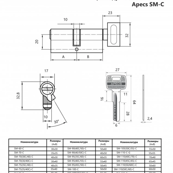 Цилиндровый механизм Apecs(Перфо) SM-95(45C/50)-C-NI-image-2