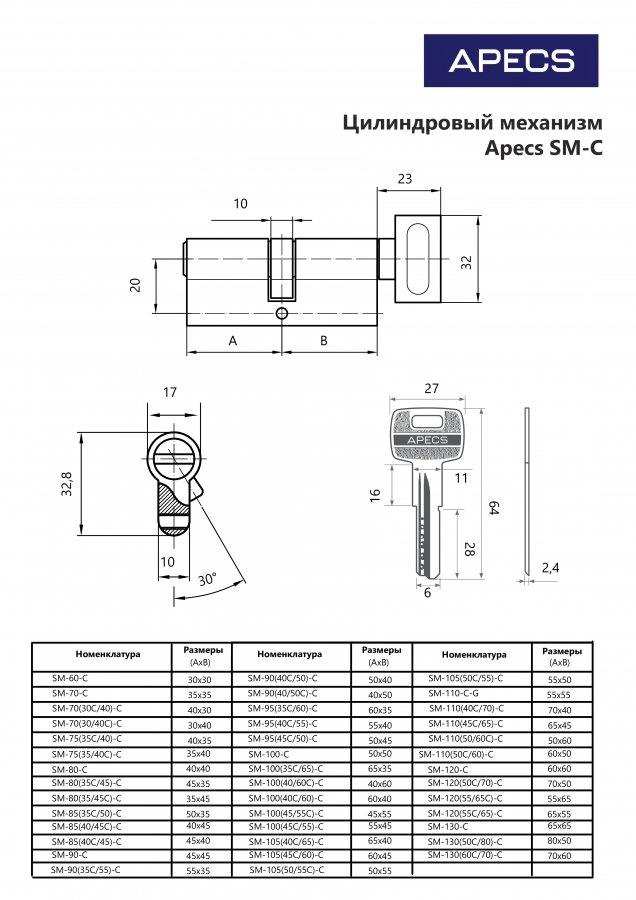 Цилиндровый механизм Apecs(Перфо) SM-95(45C/50)-C-NI-image-2