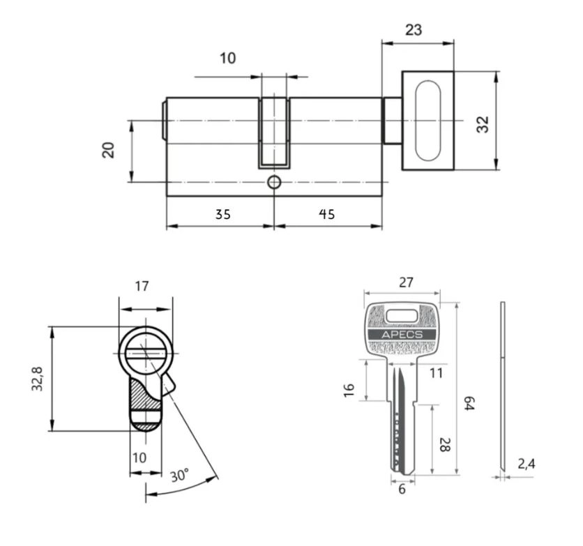 Цилиндровый механизм Apecs SM-80 (35/45С)-C-Ni-image-1
